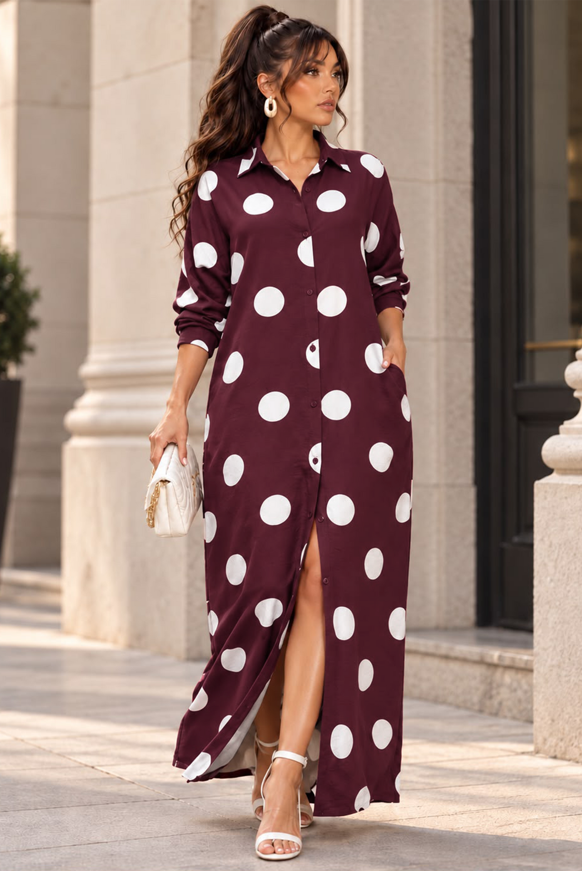 Burgundy Maxi Dress w/ White Polka Dots