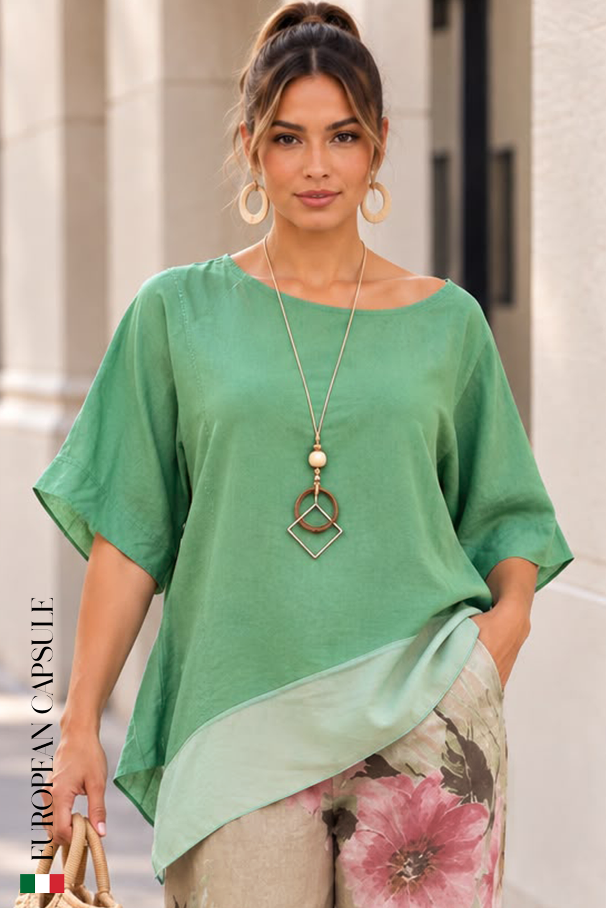 Italian Linen Dolce Armonia Asymmetrical Blouse w/ Necklace- Green
