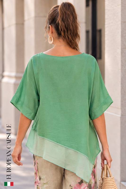 Italian Linen Dolce Armonia Asymmetrical Blouse w/ Necklace- Green