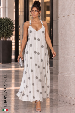 Italian Linen Tra Cielo E Mare Maxi Dress- White/Grey