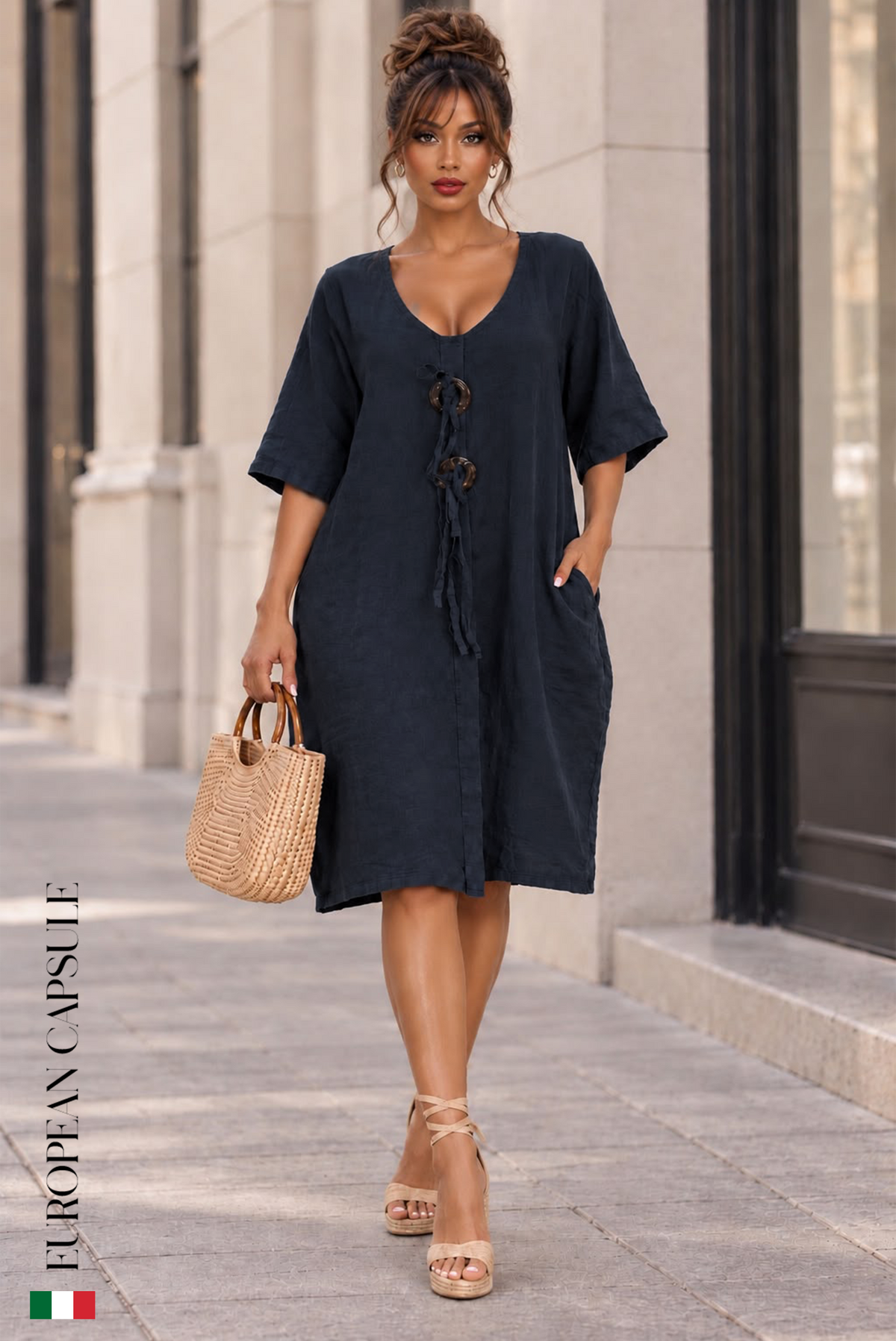 Italian Linen La Dolce Brezza Dress- Navy