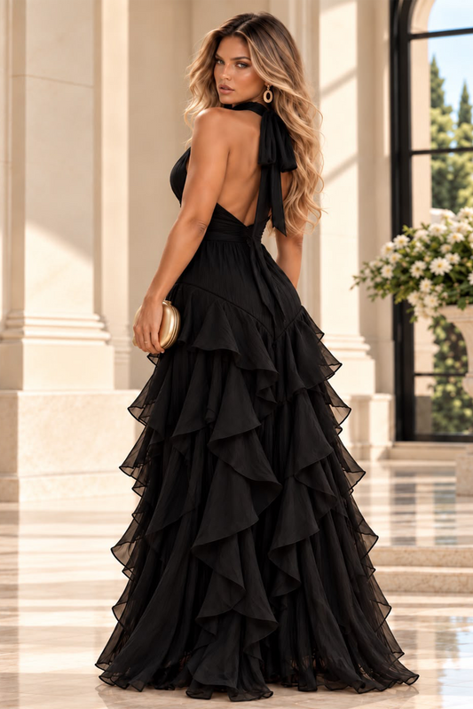 Sight Unseen Tiered Halter Neck Maxi Ruffled Dress- Black