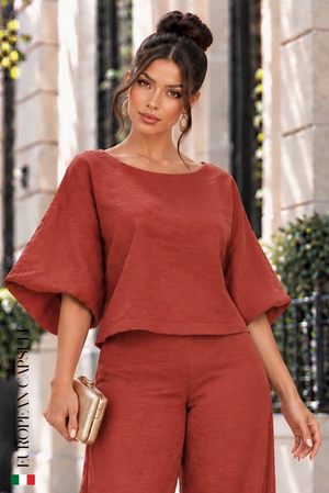 Italian Linen Fiore Di Cipria Top- Red