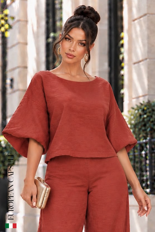 Italian Linen Fiore Di Cipria Top- Red
