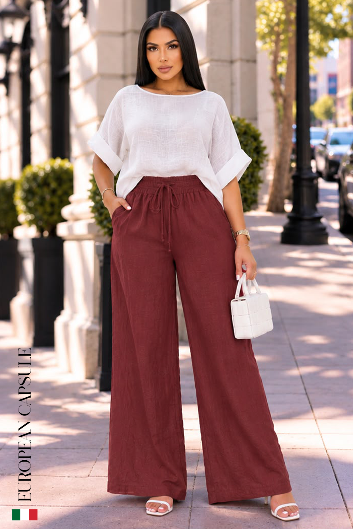 Italian Linen Fiore Di Donna Pants- Red