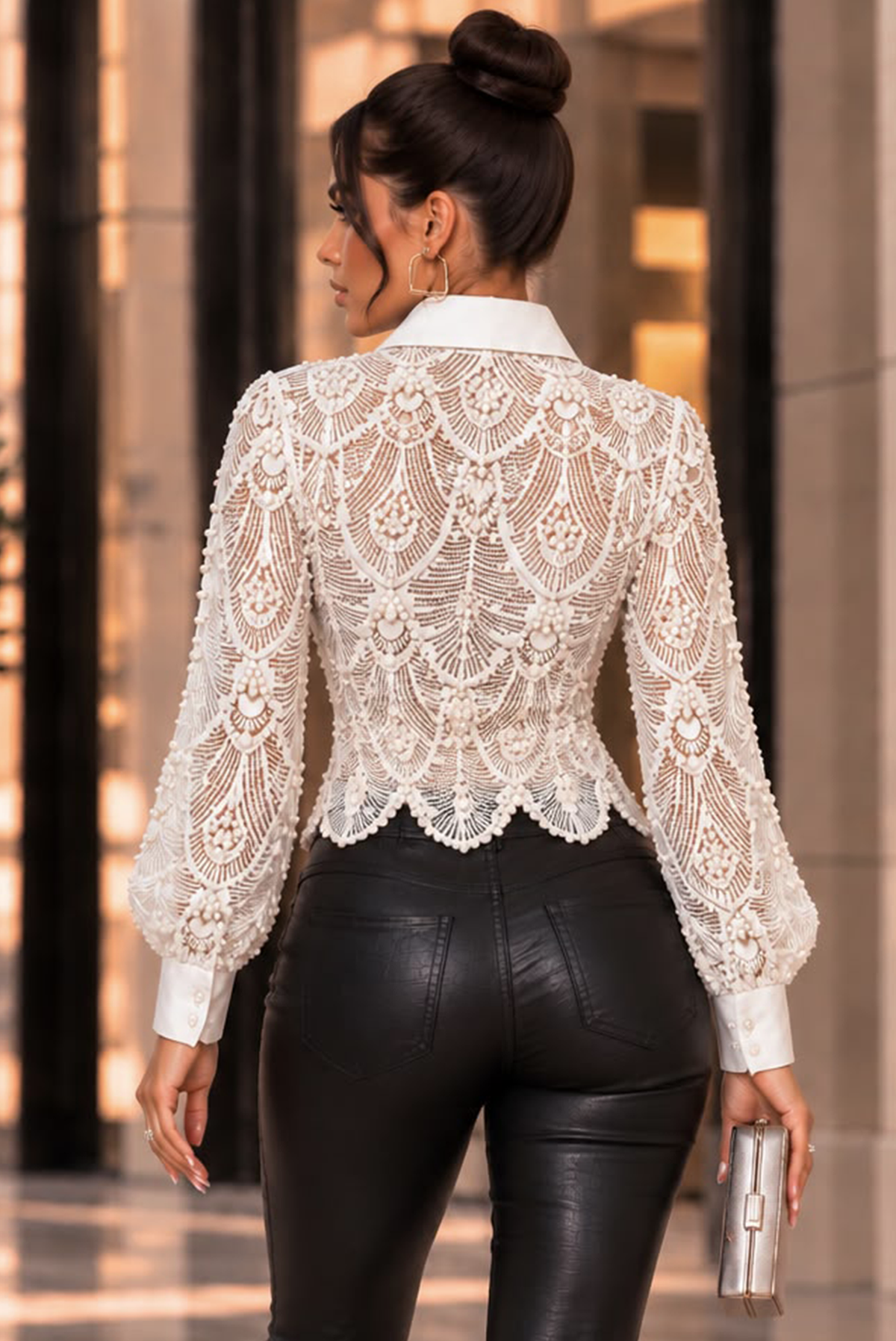 Geometric Pearl See Thru Top- Ivory