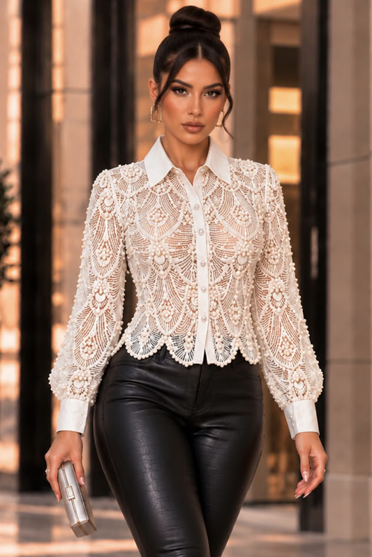 Geometric Pearl See Thru Top- Ivory