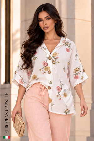 Italian Linen Grazia Di Un Sogno Top- White/Floral