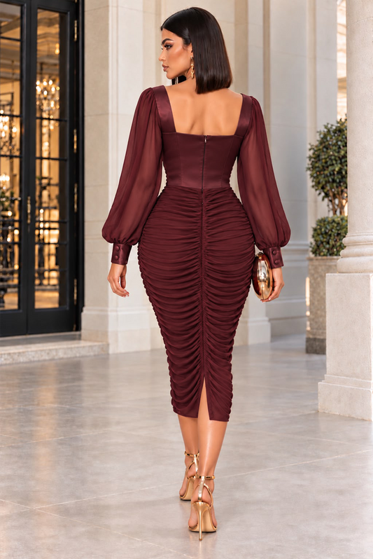 All Ruched Up Long Sleeve Midi Dress- Burgundy