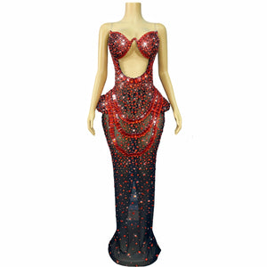 Vintage-Inspired Heavy Rhinestone Mesh Evening Prom Dress