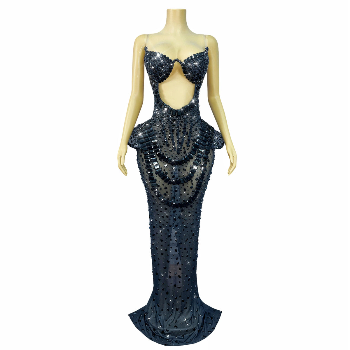 Vintage-Inspired Heavy Rhinestone Mesh Evening Prom Dress