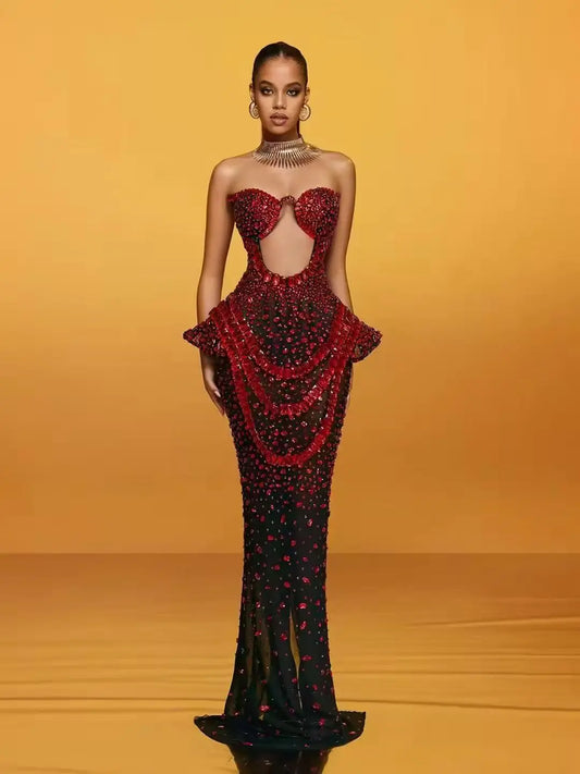 Vintage-Inspired Heavy Rhinestone Mesh Evening Prom Dress