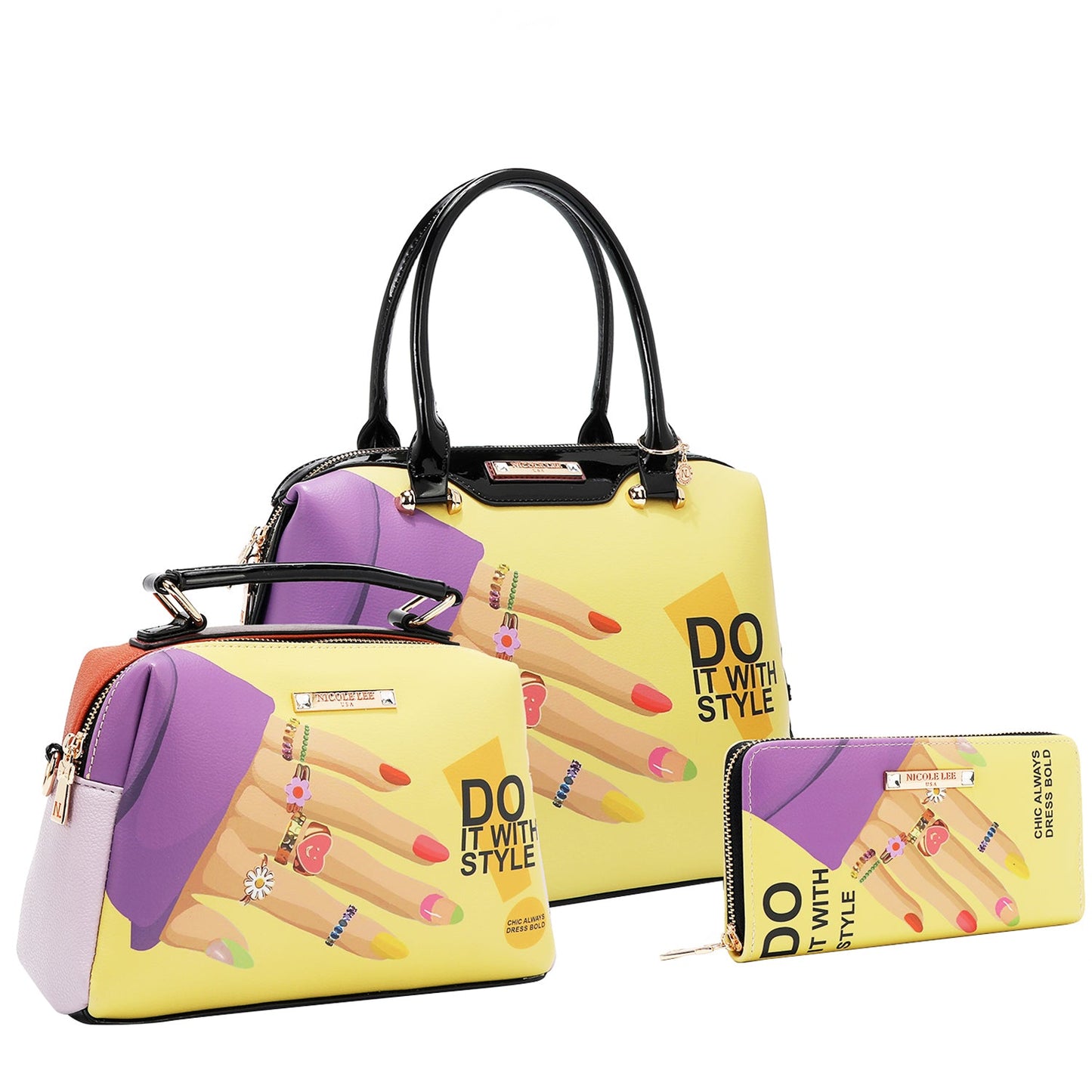 Authentic Nicole Lee USA "Nail Polish" 3 Piece Handbag Set