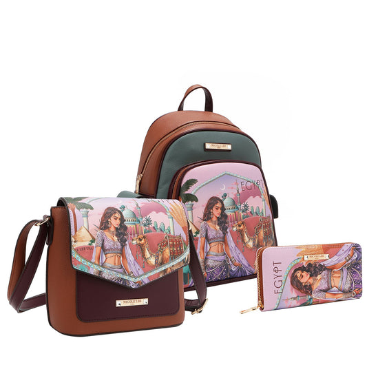 Nicole Lee "Queen Cleopatra" 3-Piece Set (Backpack, Crossbody, Wallet)