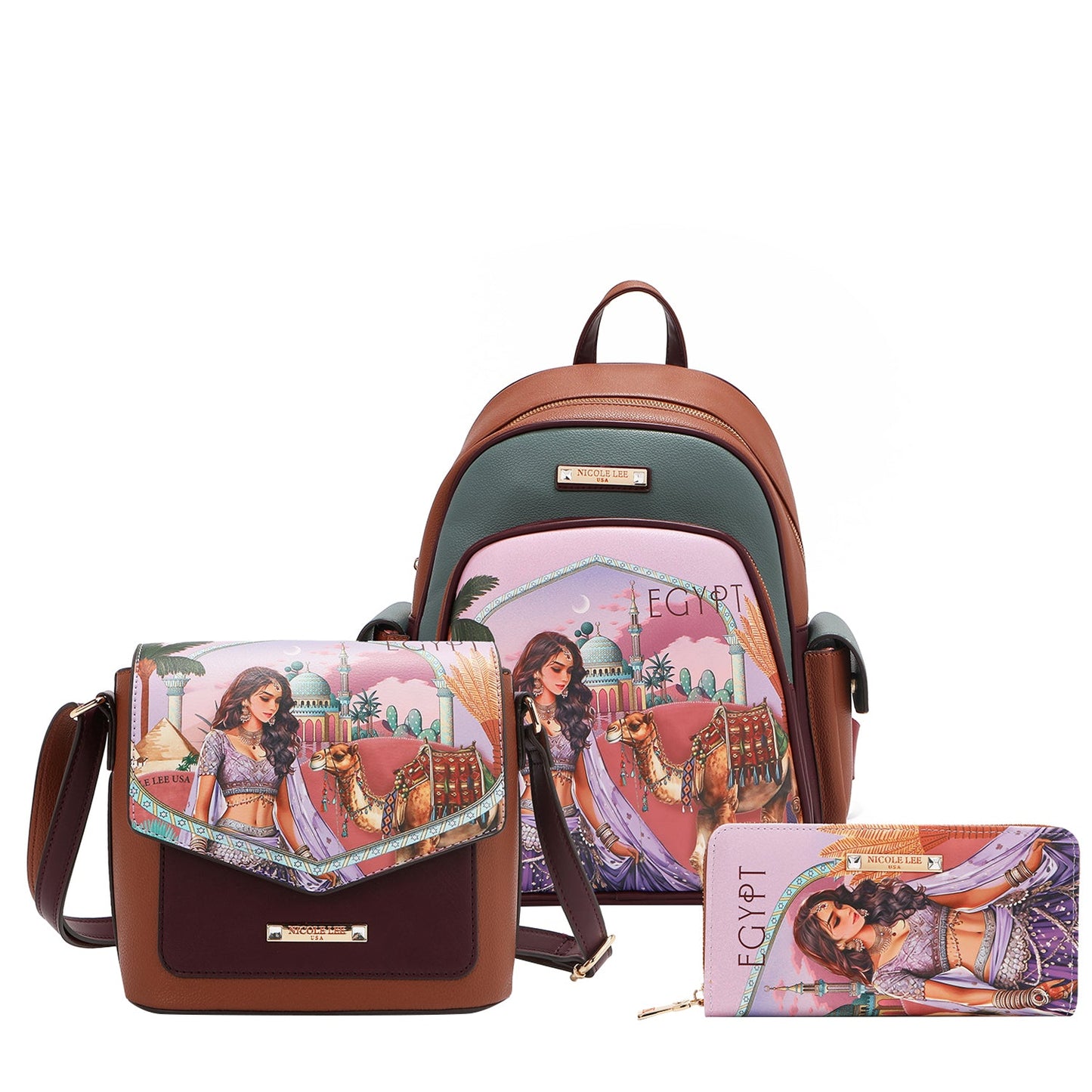 Nicole Lee "Queen Cleopatra" 3-Piece Set (Backpack, Crossbody, Wallet)