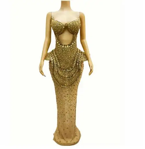 Vintage-Inspired Heavy Rhinestone Mesh Evening Prom Dress
