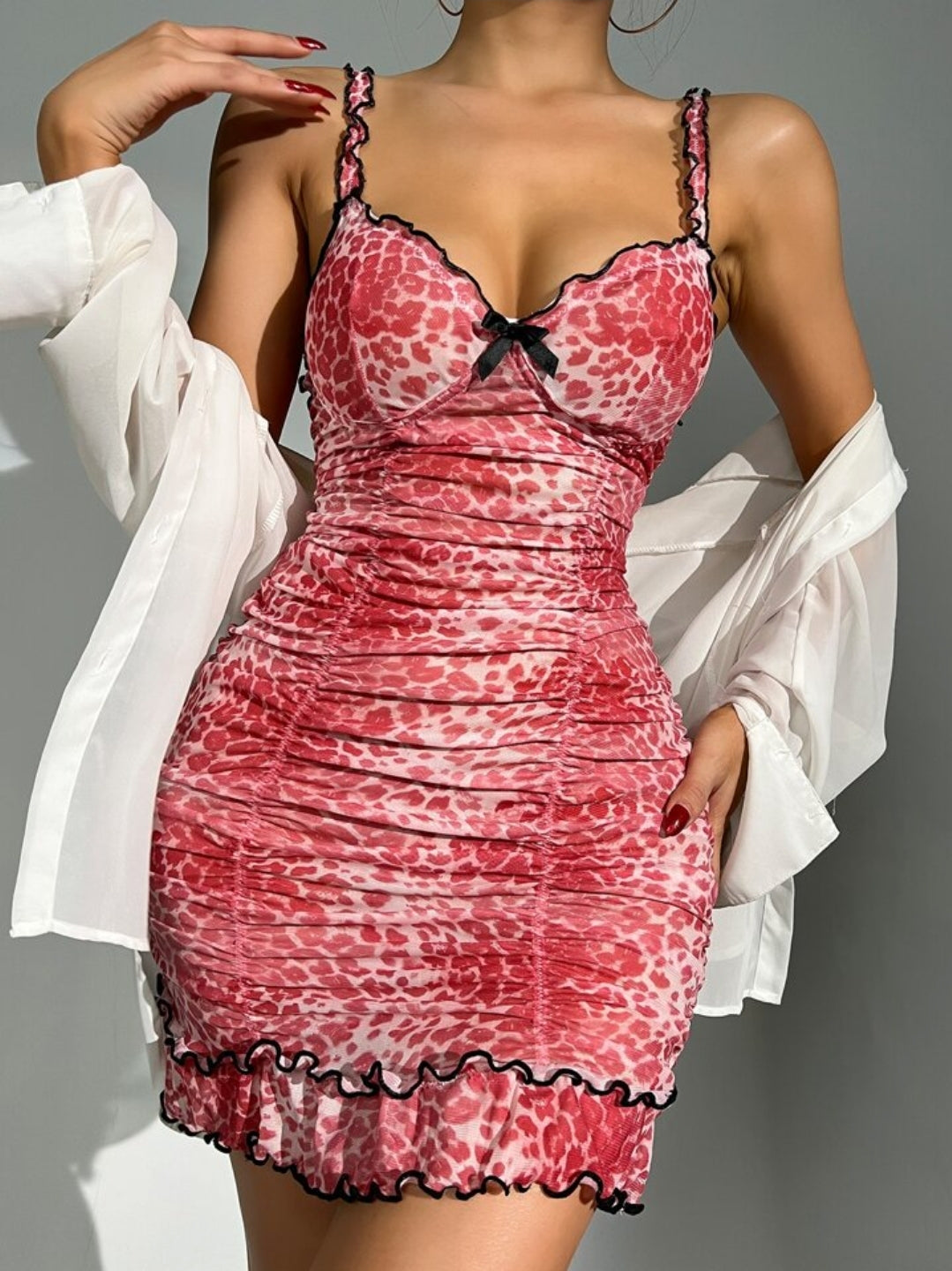 Pink Leopard Print Lettuce Trim Chemise Lingerie