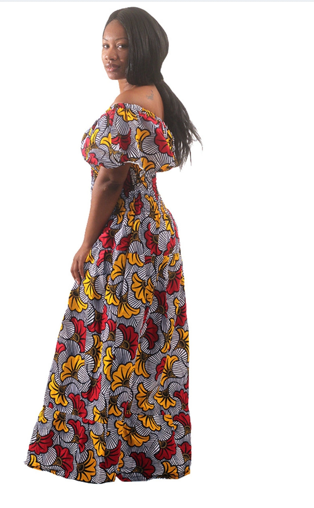 African Flower Print Princess Maxi Dress