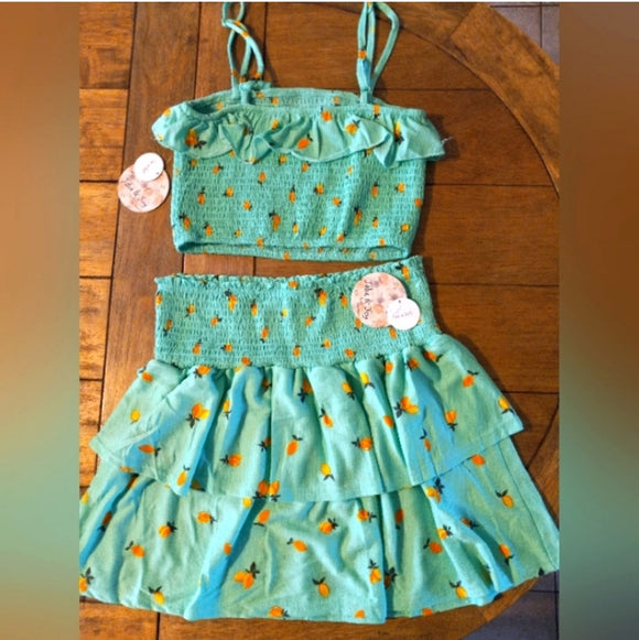Green & Floral Mini Skirt Set