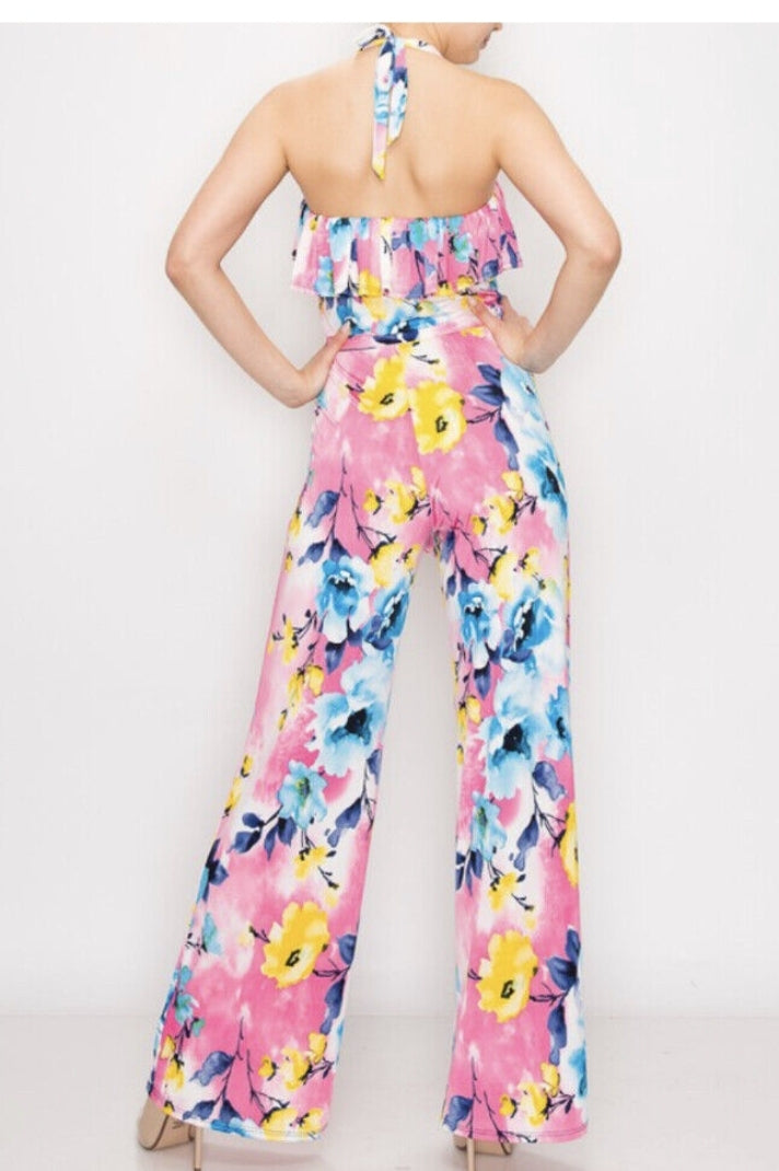 Wide Leg Halter Flower Jumpsuit