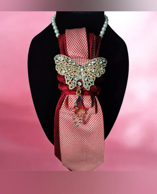 One of a Kind - No Duplicate Design - Pearl Necklace with Crystal Butterfly Accent Female Neck Tie