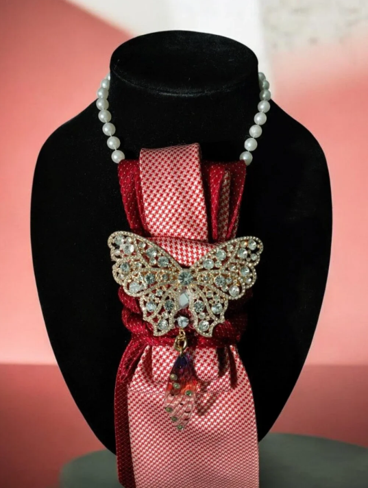 One of a Kind - No Duplicate Design - Pearl Necklace with Crystal Butterfly Accent Female Neck Tie