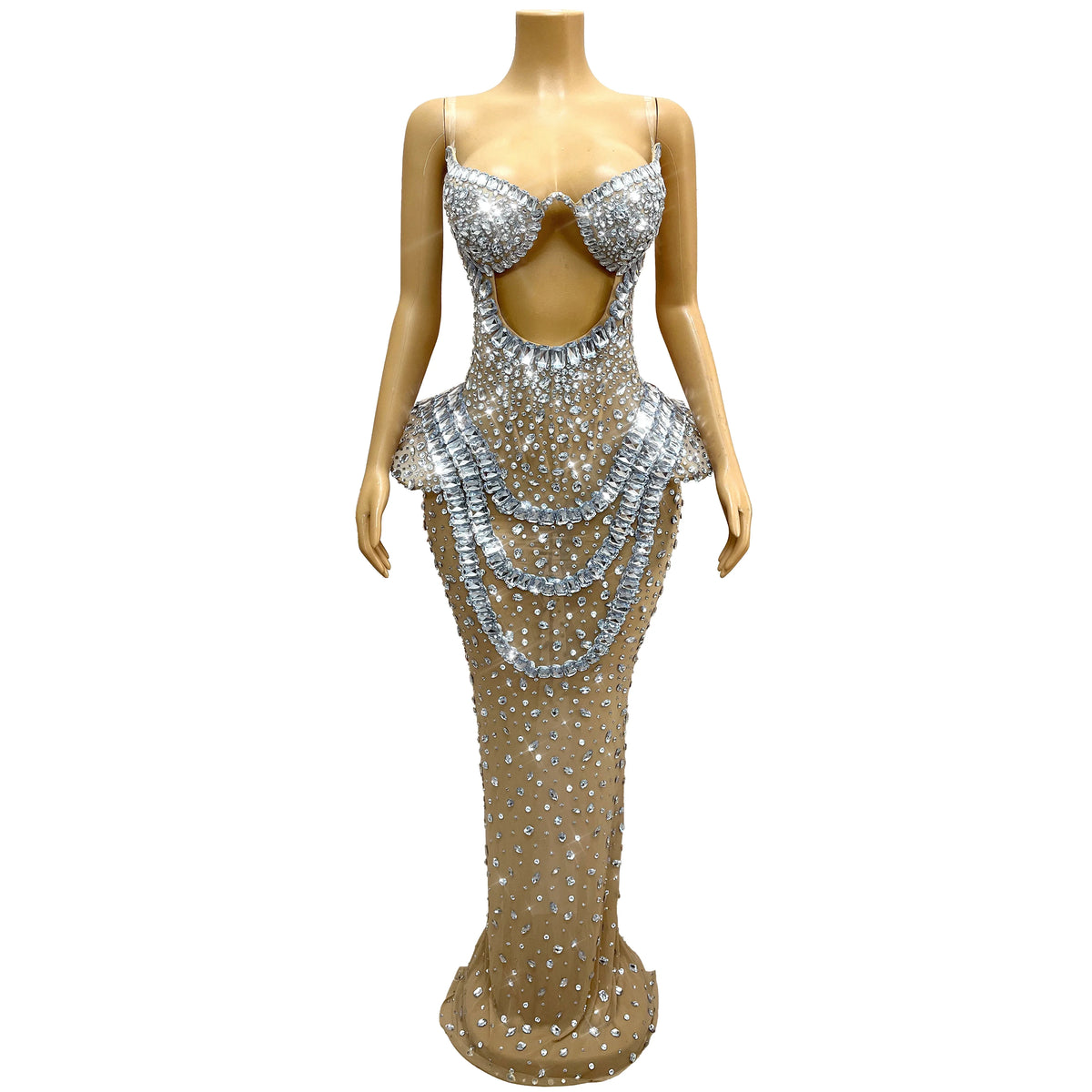 Vintage-Inspired Heavy Rhinestone Mesh Evening Prom Dress