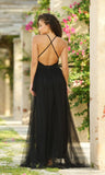 Convertible Tulle Plunge Bottom Mesh Black Maxi Dress