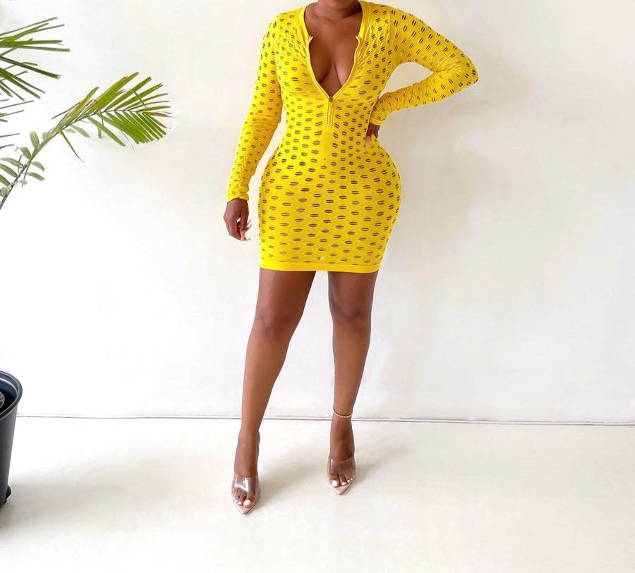 Sexy Yellow Long Sleeve Fishnet Mini Dress