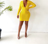 Sexy Yellow Long Sleeve Fishnet Mini Dress
