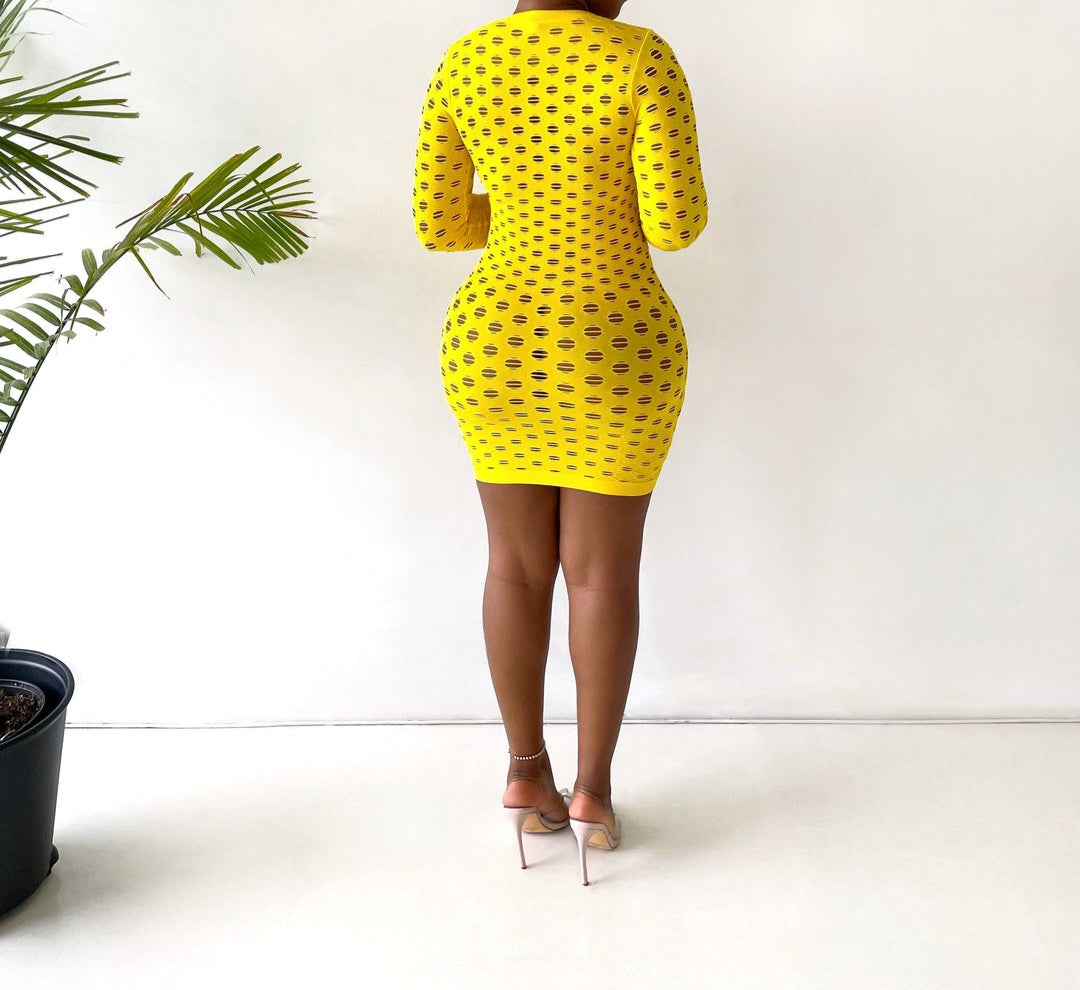 Sexy Yellow Long Sleeve Fishnet Mini Dress