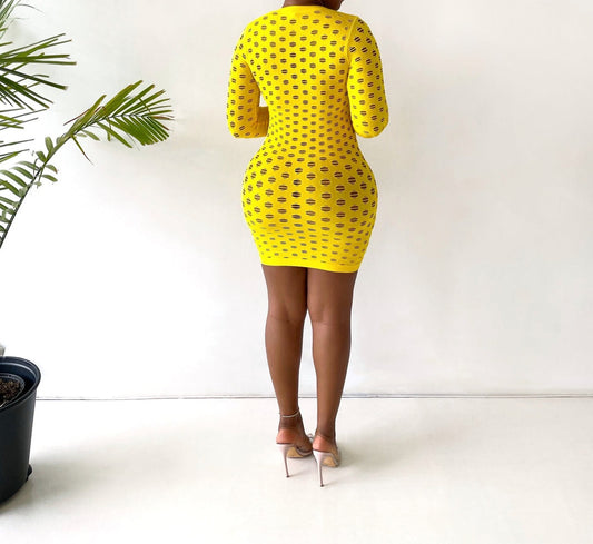 Sexy Yellow Long Sleeve Fishnet Mini Dress