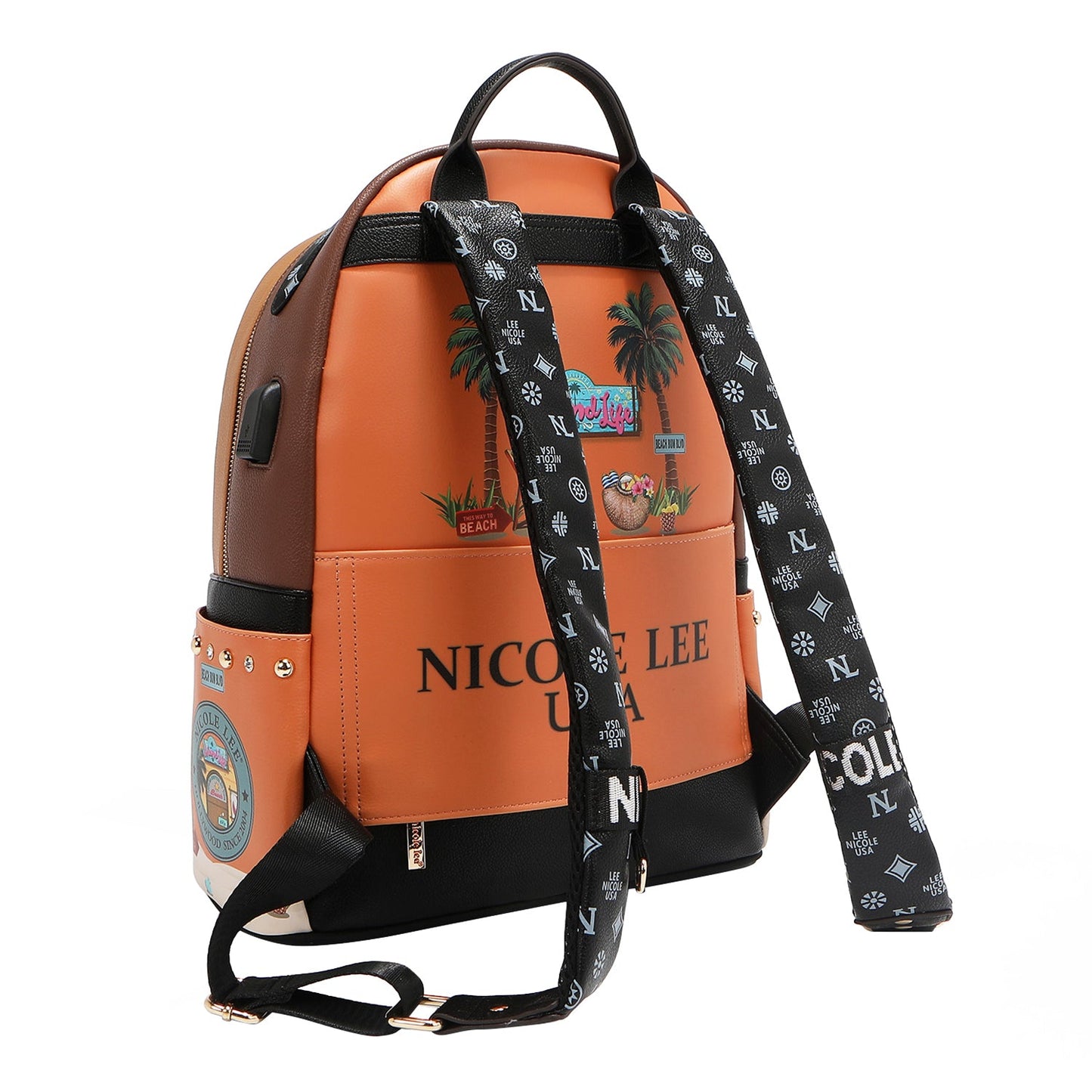 Authentic Nicole Lee "Sun and Sand" Large USB Fashion Backpack w/ Charging Port & Pouch