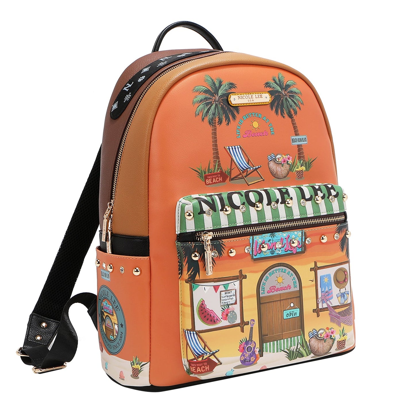 Authentic Nicole Lee "Sun and Sand" Large USB Fashion Backpack w/ Charging Port & Pouch