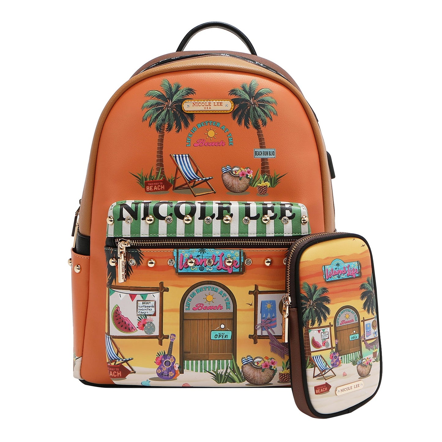 Authentic Nicole Lee "Sun and Sand" Large USB Fashion Backpack w/ Charging Port & Pouch