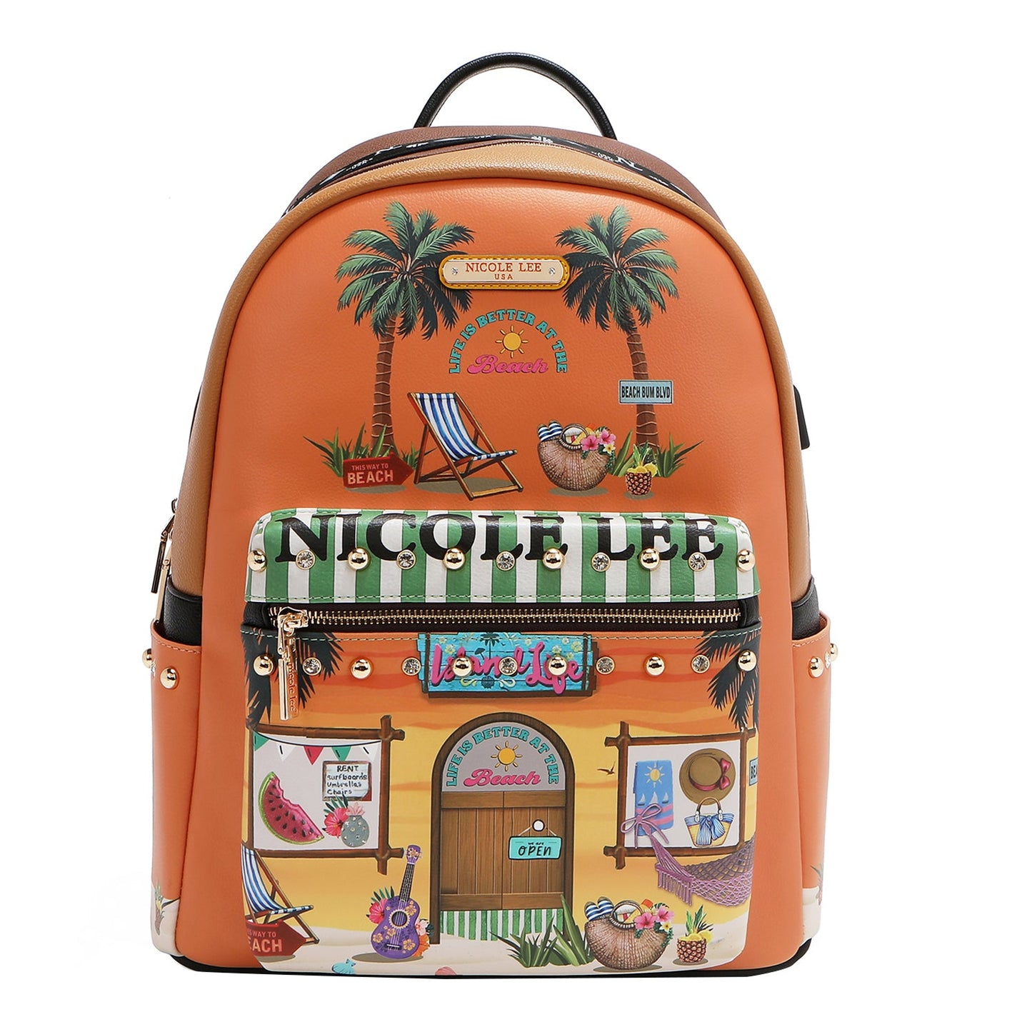 Authentic Nicole Lee "Sun and Sand" Large USB Fashion Backpack w/ Charging Port & Pouch