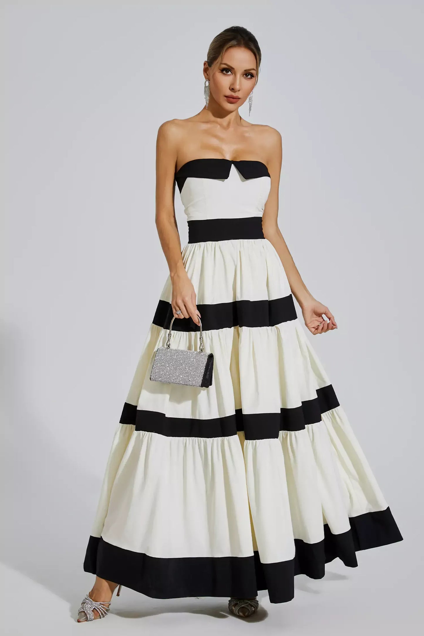 Cream & Black Striped Bowknot Elegant Maxi Dress