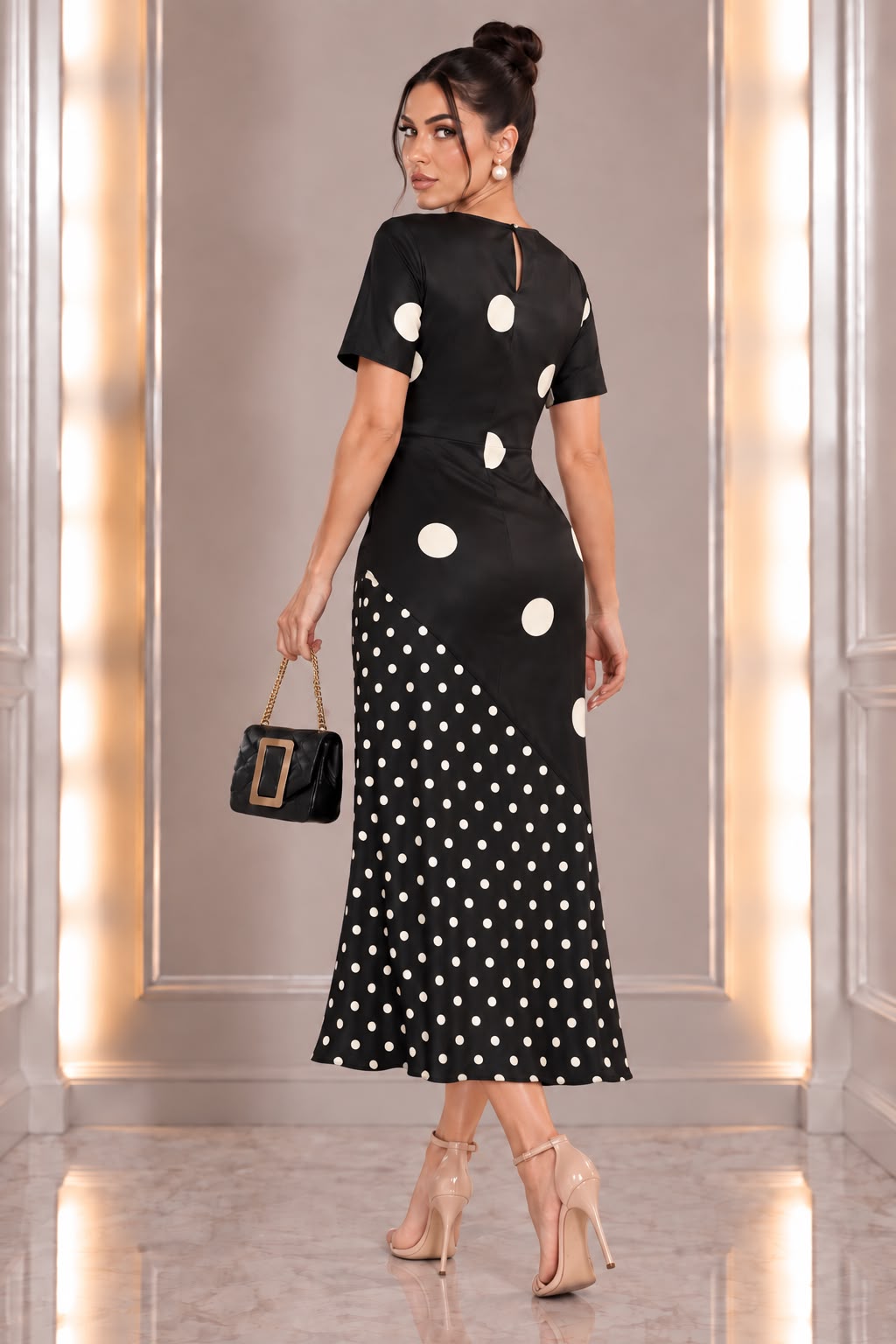 Big & Small Polka Dot Elle Satin Dress- Black