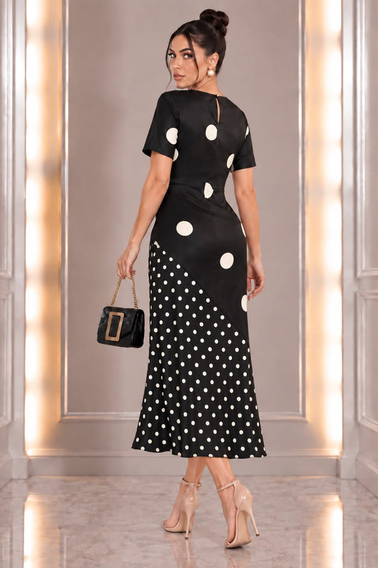 Big & Small Polka Dot Elle Satin Dress- Black