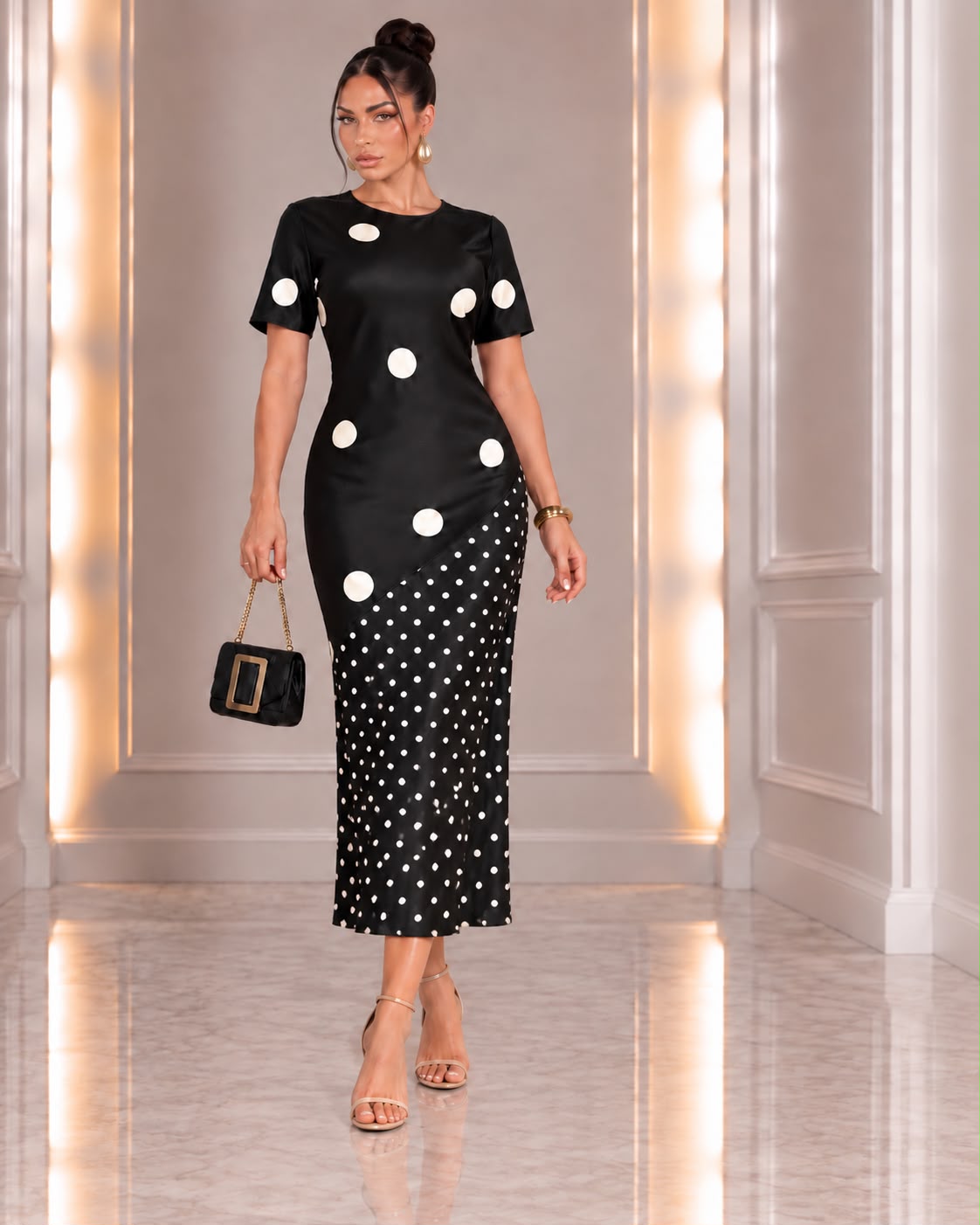 Big & Small Polka Dot Elle Satin Dress- Black