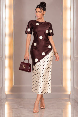 Big & Small Polka Dot Elle Satin Dress- Chocolate