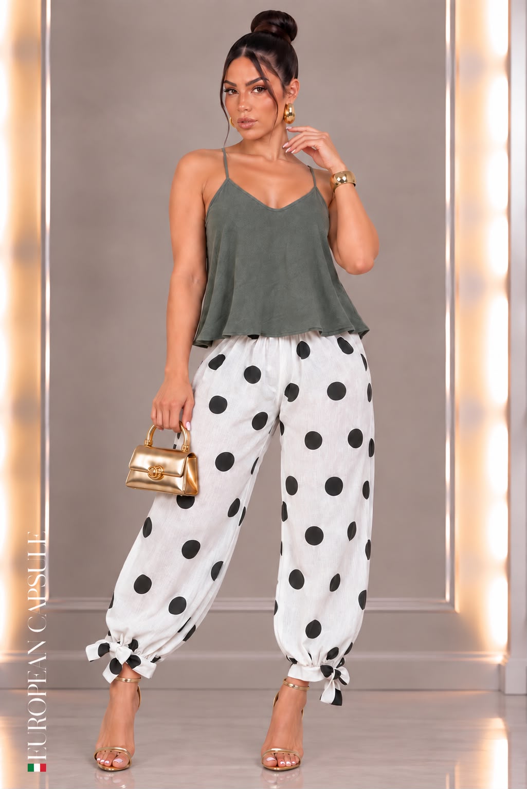 Italian Linen Polka Dot Ankle Tied Pants- White/Olive