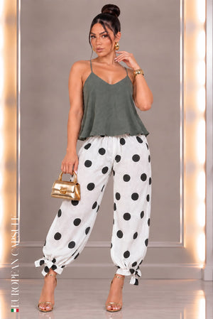 Italian Linen Polka Dot Ankle Tied Pants- White/Olive