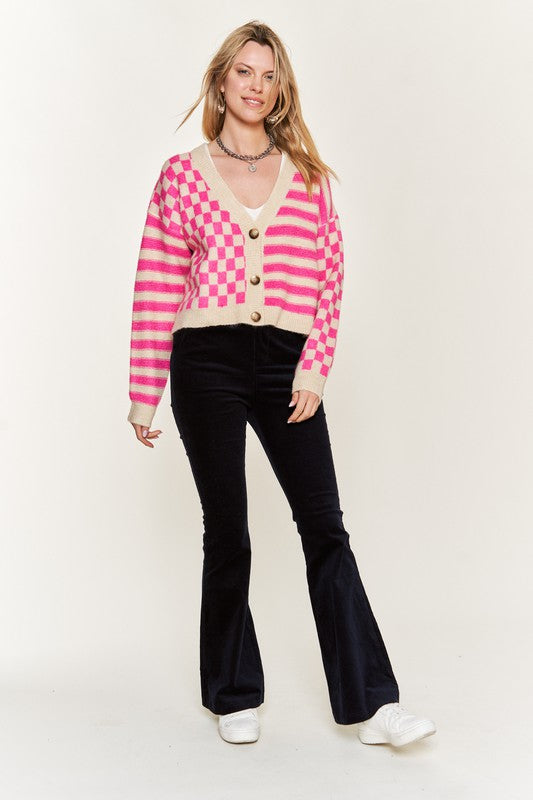 Plus Size Contrast Pattern Sweater Cardigan-3 Colors