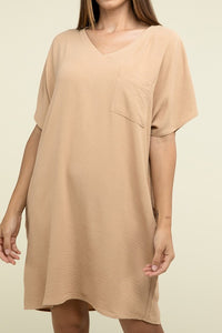 Woven Airflow V Neck T-Shirt Dress with Pockets-3 Colors