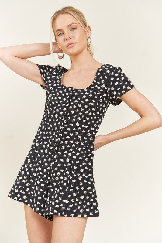 PLUS SIZE DARK NAVY FLORAL BUTTON DOWN ROMPER