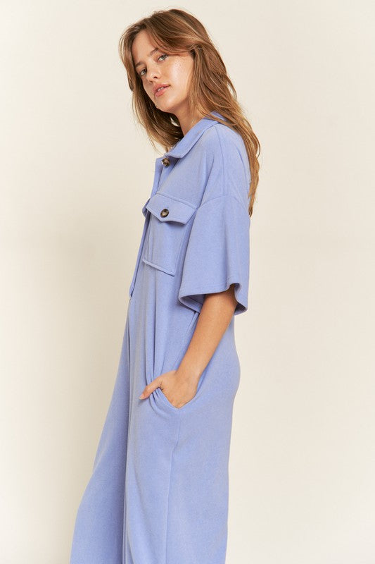 Basic Collar Shirt Wide Leg Jumpsuit-3 Colors