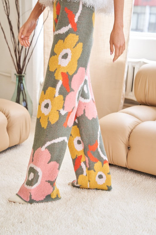 Flower Printed Casual Cozy Full Long Wide Pants- 2 Colors