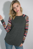 PLUS SIZE MULTI STRIPE PRINT AND SOLID MIXED CASUAL TOP- 2 COLORS