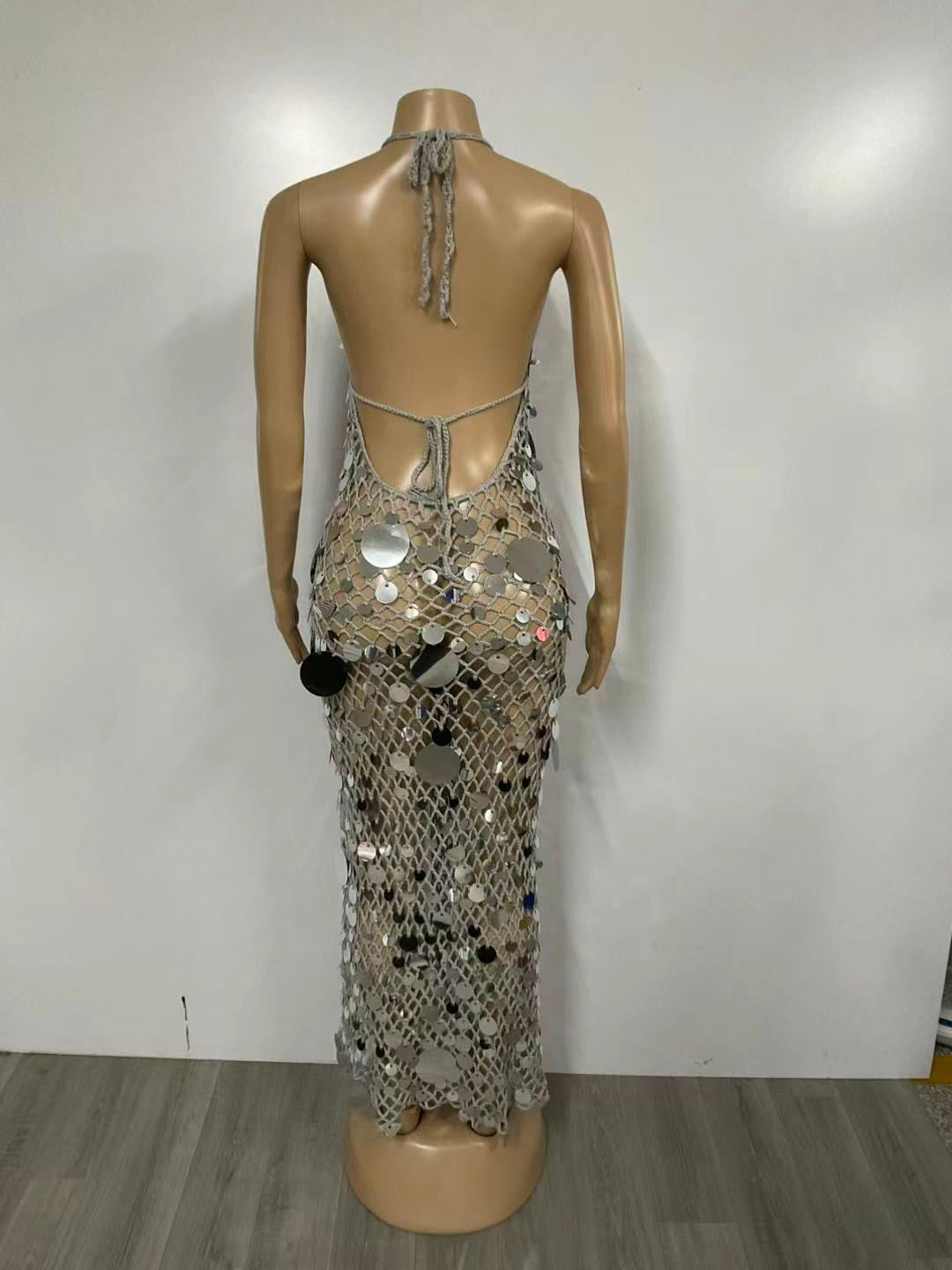 Enchanted Sequin High Leg Slit Halter Dress- Silver
